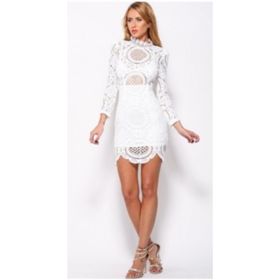 'Abigail' white lace dress with high neck and long sleeves